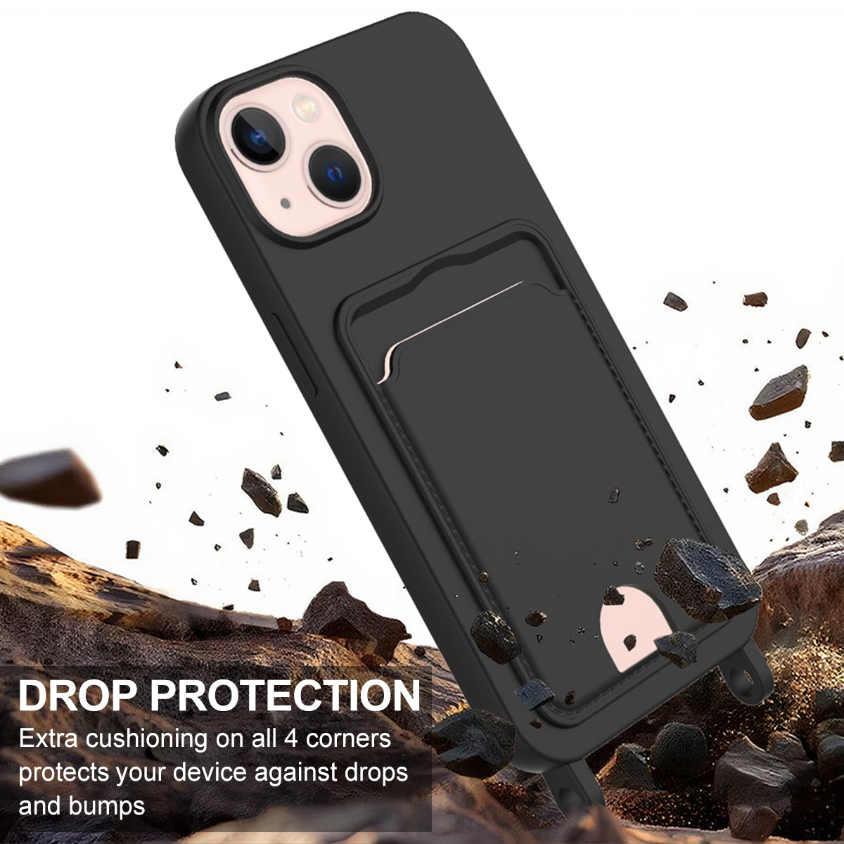 iPhone 14 Plus / 15 Plus Silikonhülle – Sanft & mit Kartenhalter und kurzem Riemen
