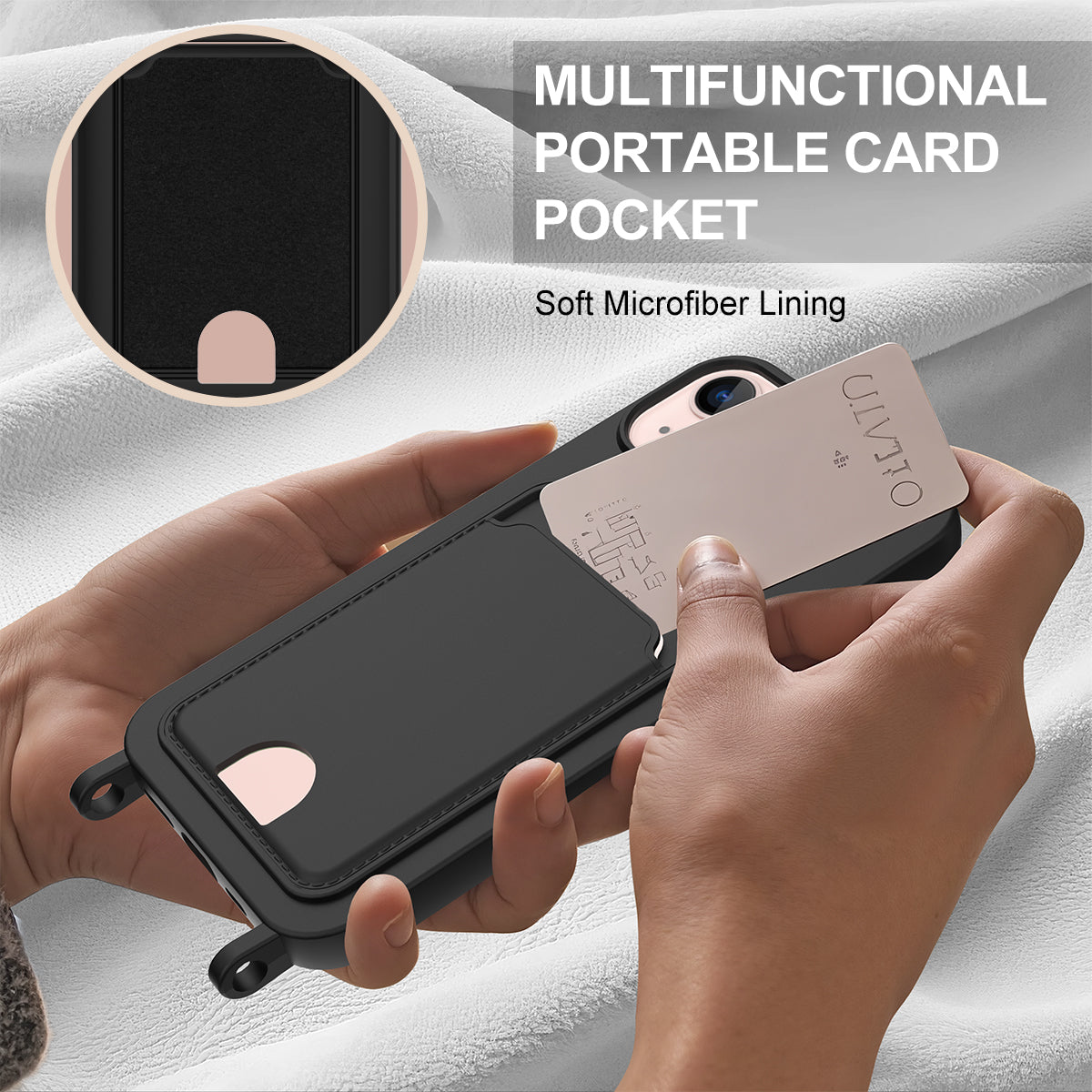 iPhone 14 Plus / 15 Plus Silikonhülle – Sanft & mit Kartenhalter und kurzem Riemen