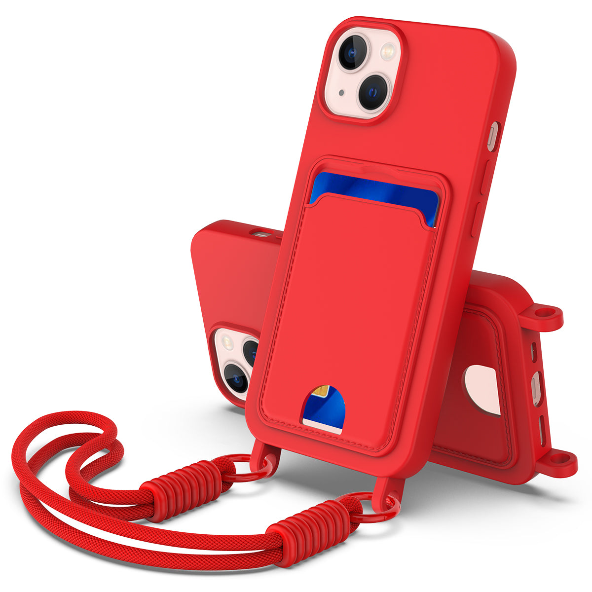 iPhone 14 Plus / 15 Plus Silikonhülle – Sanft & mit Kartenhalter und kurzem Riemen