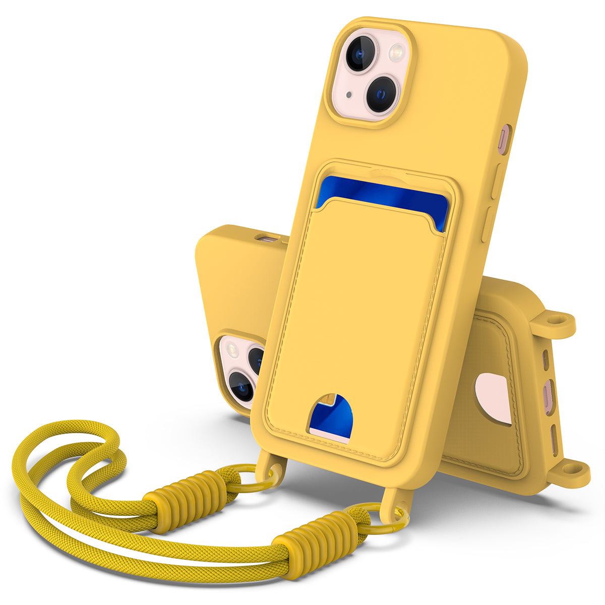iPhone 14 Plus / 15 Plus Silikonhülle – Sanft & mit Kartenhalter und kurzem Riemen