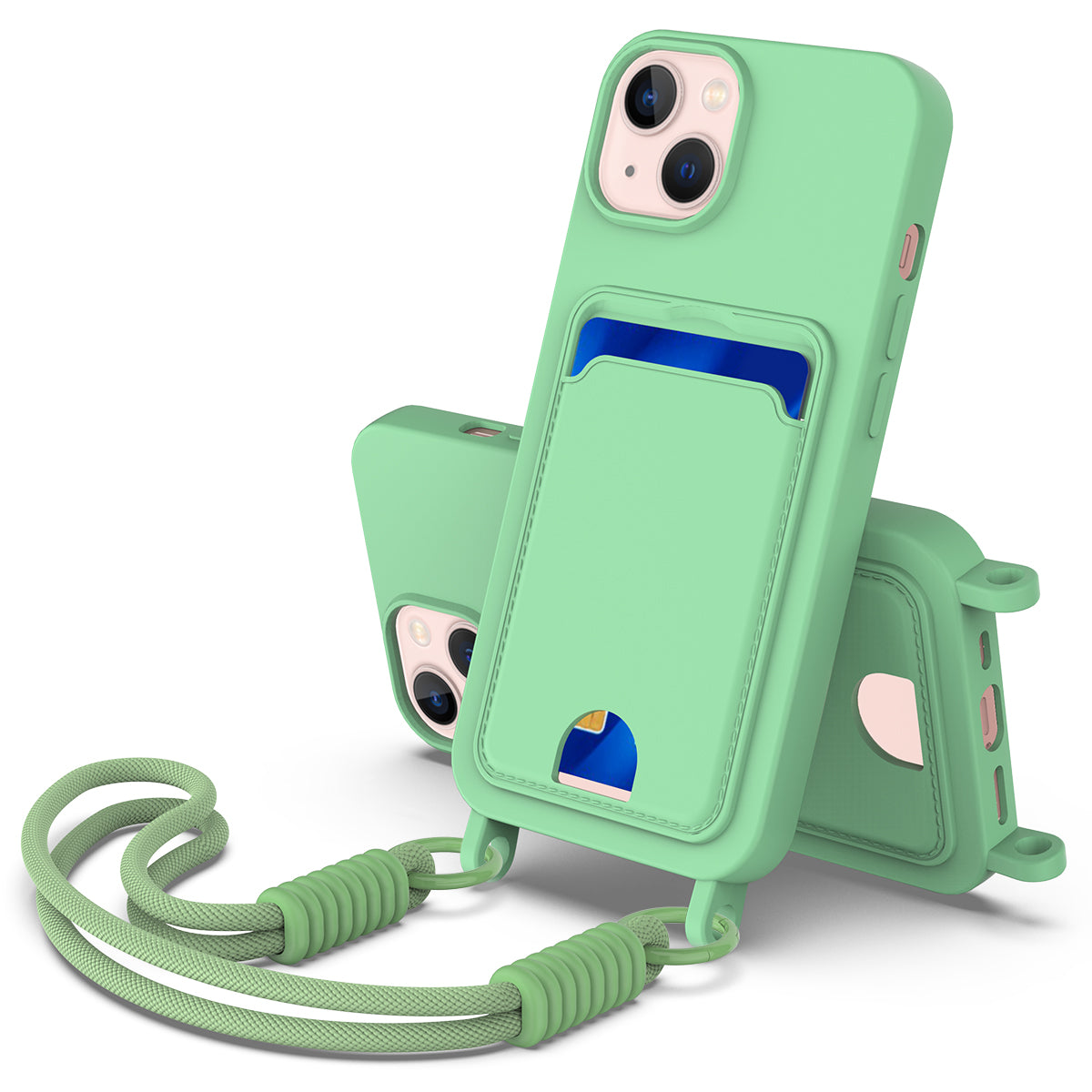 iPhone 14 Plus / 15 Plus Silikonhülle – Sanft & mit Kartenhalter und kurzem Riemen