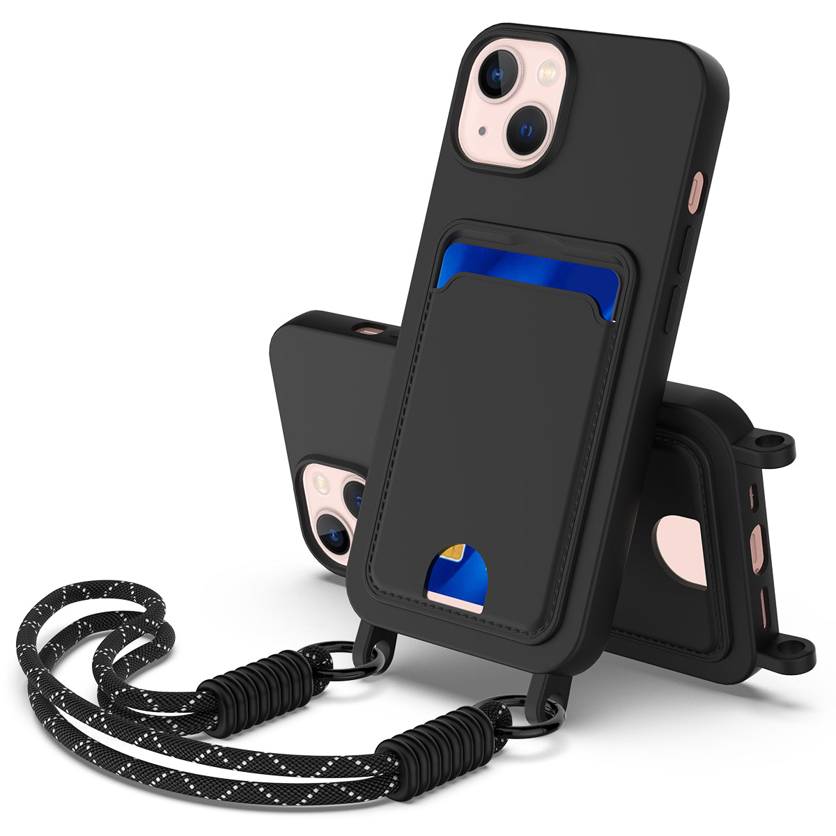 iPhone 13 / 14 Silikonhülle – Sanft & mit Kartenhalter und kurzem Riemen