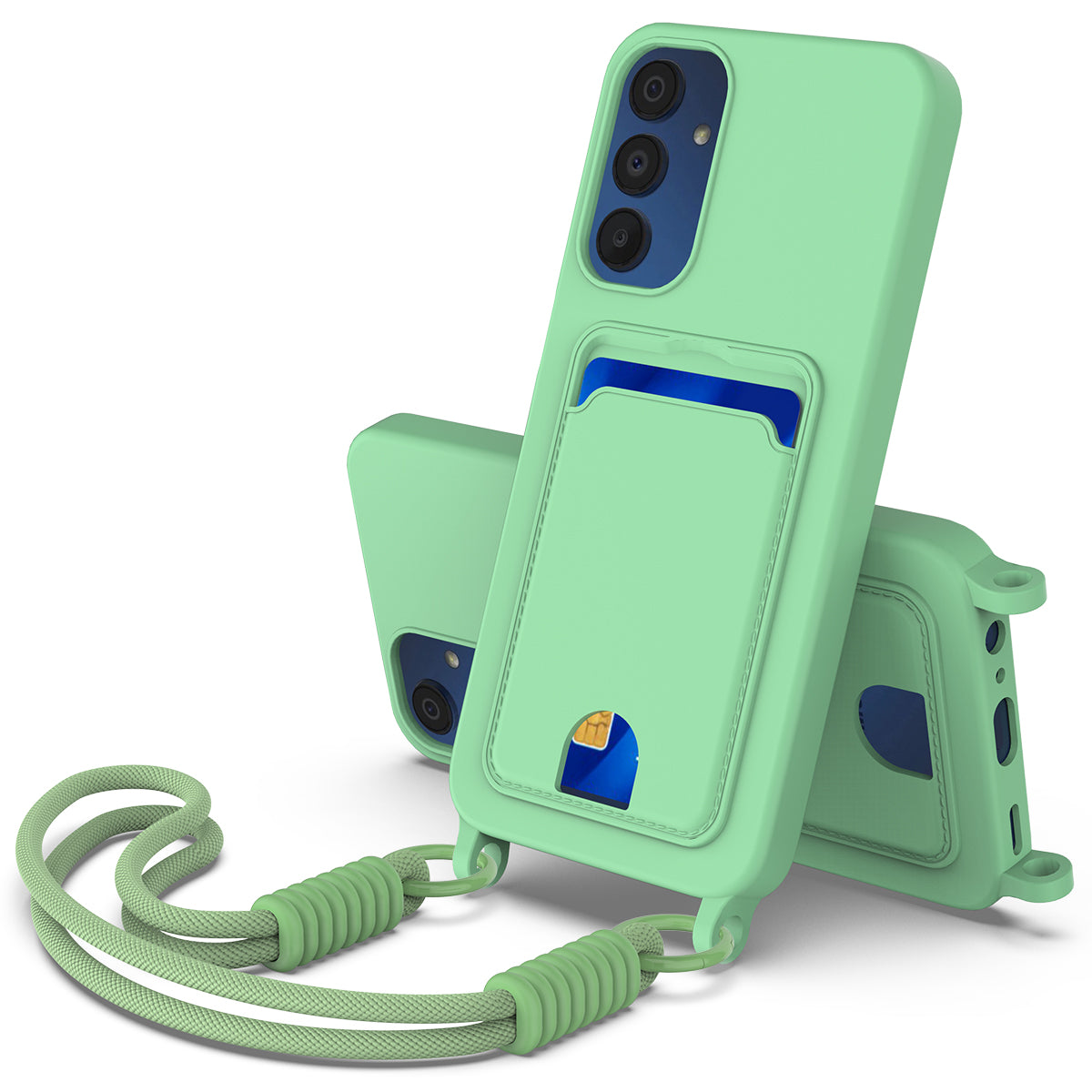 Galaxy A55 5G Silikonhülle – Sanft & mit Kartenhalter und kurzem Riemen