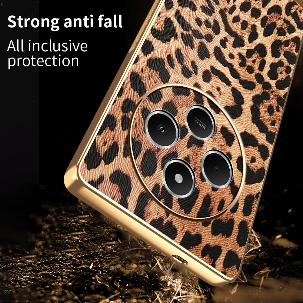 Phone Case For Xiaomi Redmi 14C 4G / 14R 5G / A4 5G / Poco C75 4G Leopard Print PU Leather Coated PC + TPU Electroplating Cover