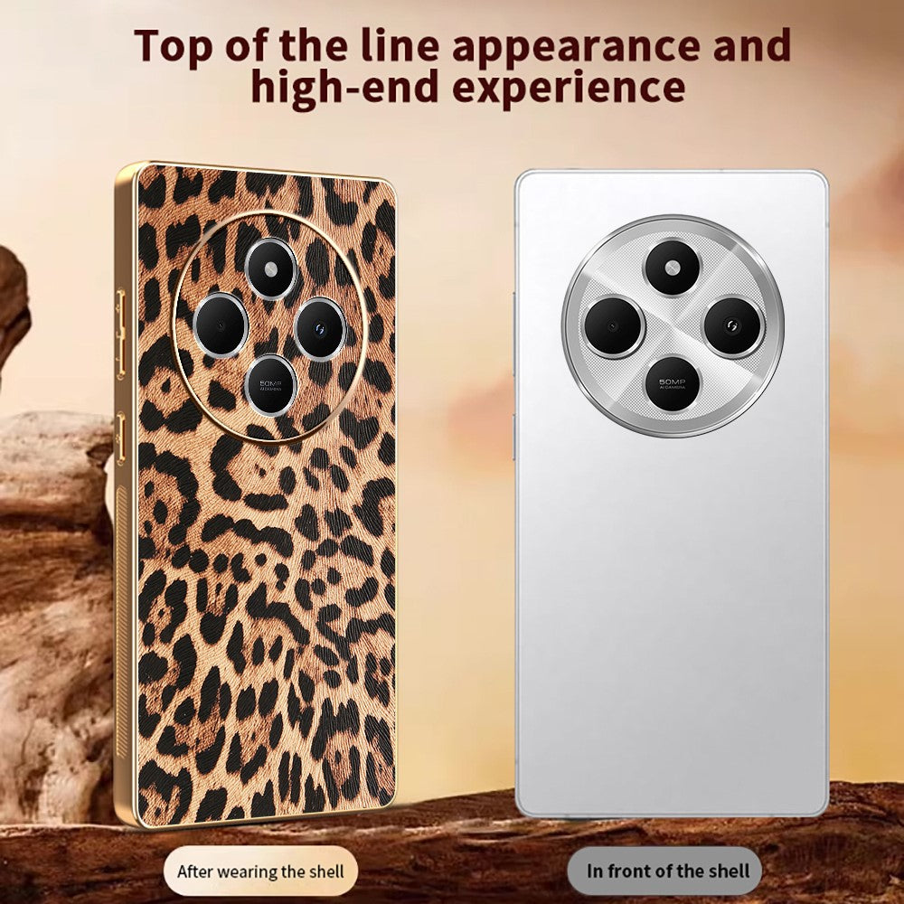 Phone Case For Xiaomi Redmi 14C 4G / 14R 5G / A4 5G / Poco C75 4G Leopard Print PU Leather Coated PC + TPU Electroplating Cover