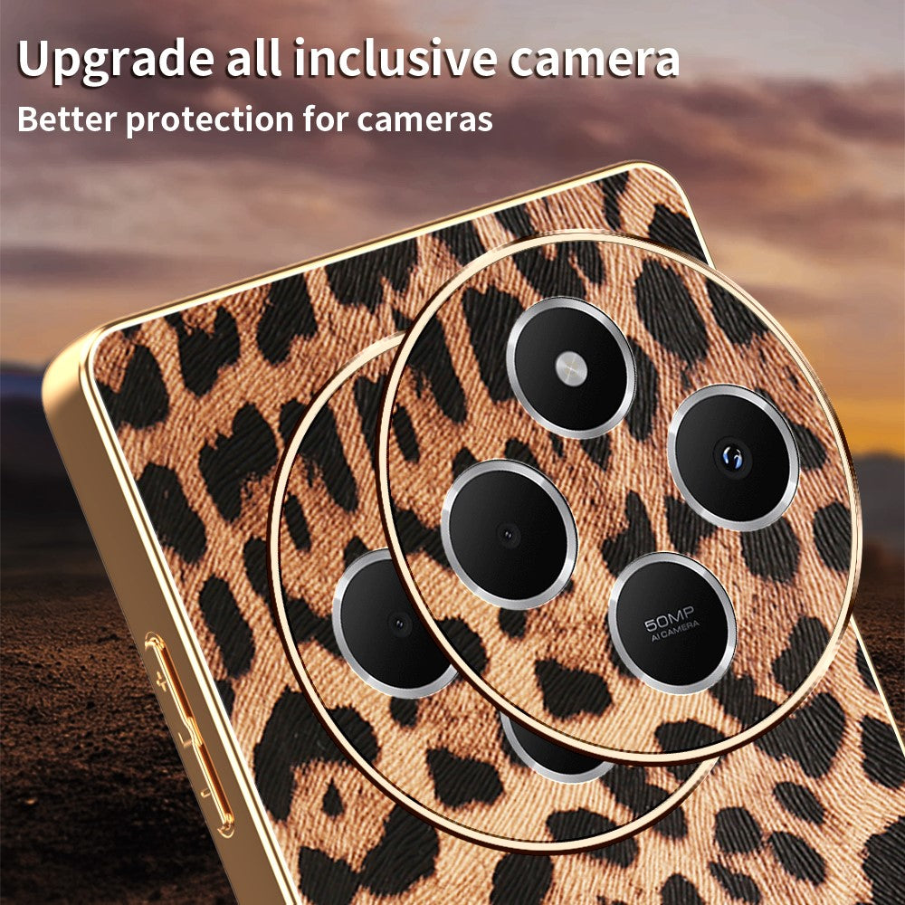 Phone Case For Xiaomi Redmi 14C 4G / 14R 5G / A4 5G / Poco C75 4G Leopard Print PU Leather Coated PC + TPU Electroplating Cover