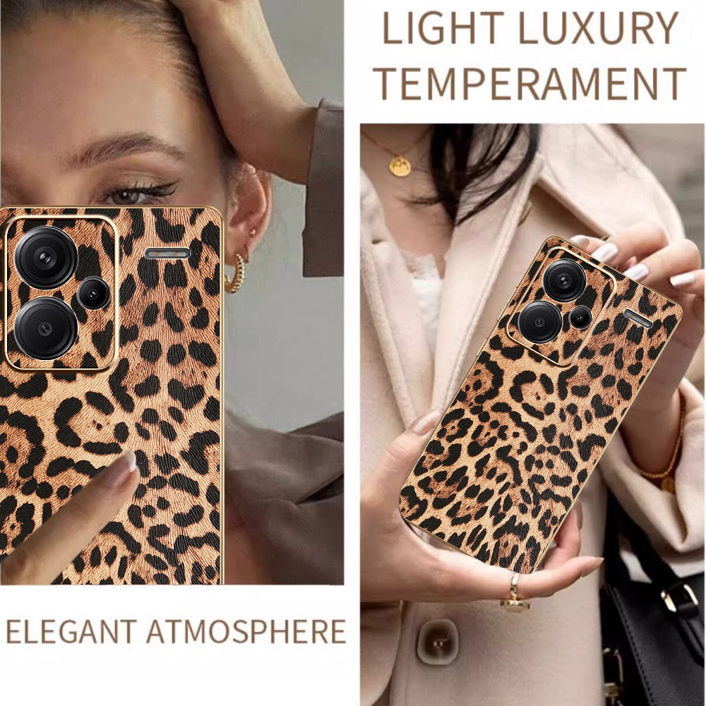 For Xiaomi Redmi Note 13 Pro+ 5G Case Leopard Print PU Leather Coated PC + TPU Electroplating Phone Cover