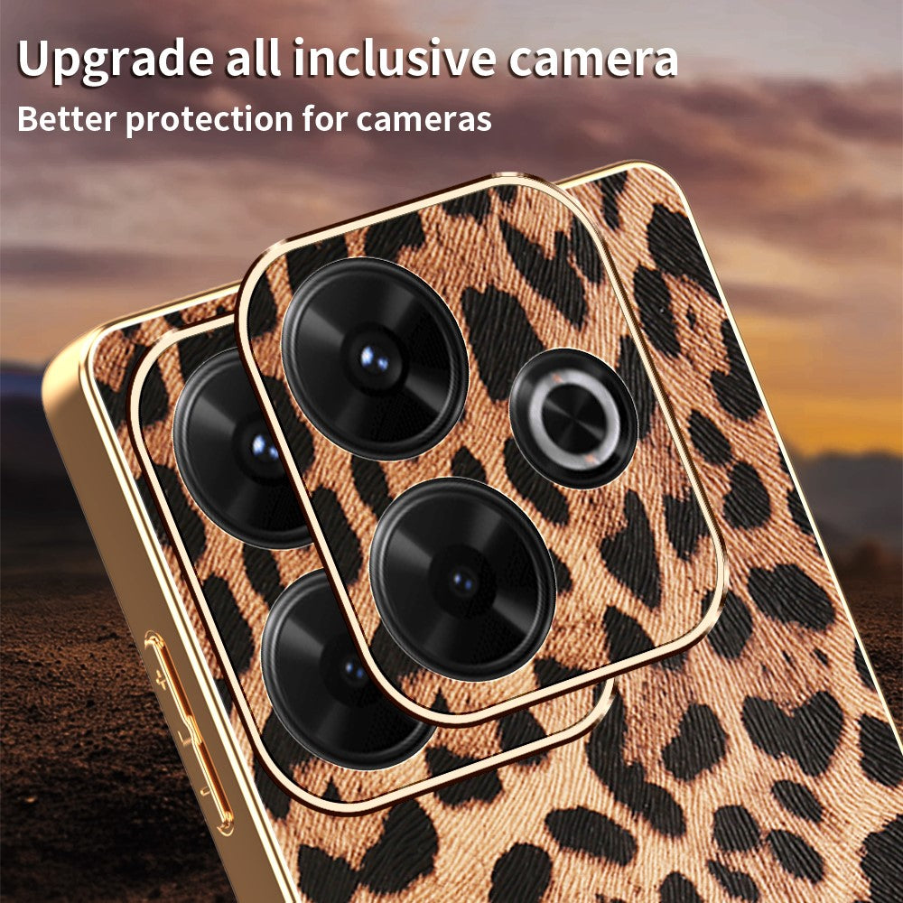 Phone Case For Xiaomi Redmi 13 4G / 5G / Note 13R 5G / Poco M6 4G / M6 Plus 5G Leopard Print PU Leather Coated PC + TPU Electroplating Cover