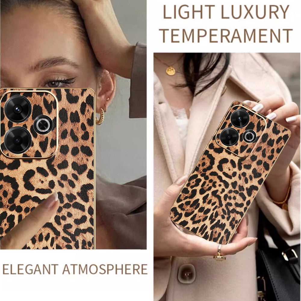 Phone Case For Xiaomi Redmi 13 4G / 5G / Note 13R 5G / Poco M6 4G / M6 Plus 5G Leopard Print PU Leather Coated PC + TPU Electroplating Cover
