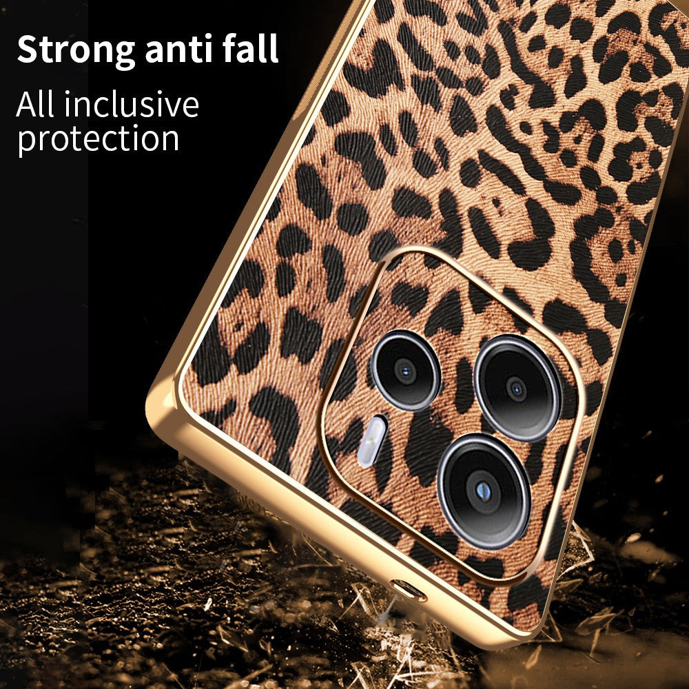 For Xiaomi Redmi Note 14 4G (164.84mm) Case Leopard Print PU Leather Coated PC + TPU Electroplating Phone Cover