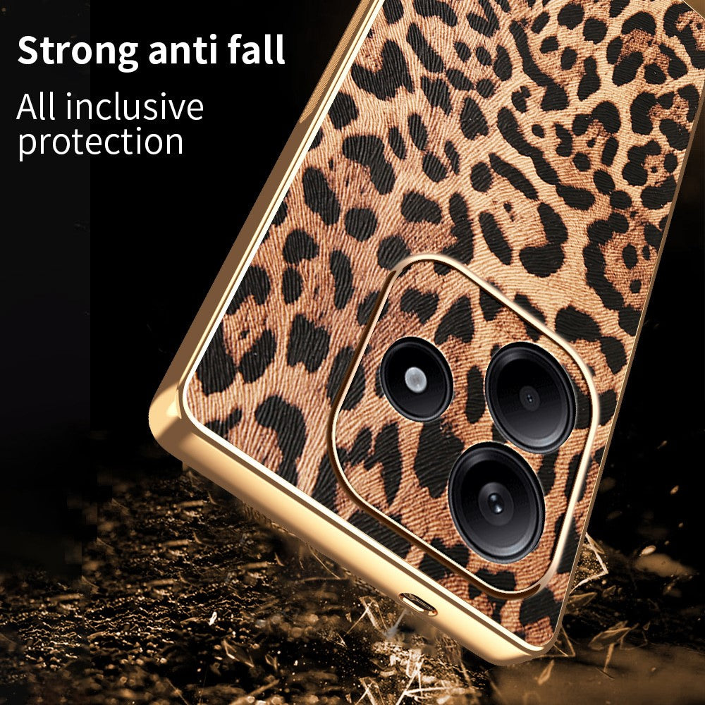 For Xiaomi Redmi Note 14 5G Case Leopard Print PU Leather Coated PC + TPU Electroplating Phone Cover