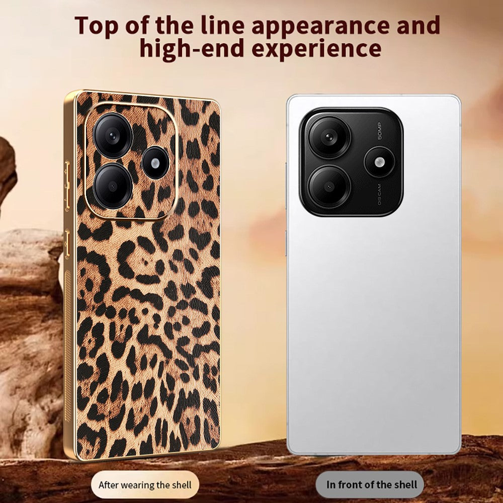 For Xiaomi Redmi Note 14 5G Case Leopard Print PU Leather Coated PC + TPU Electroplating Phone Cover
