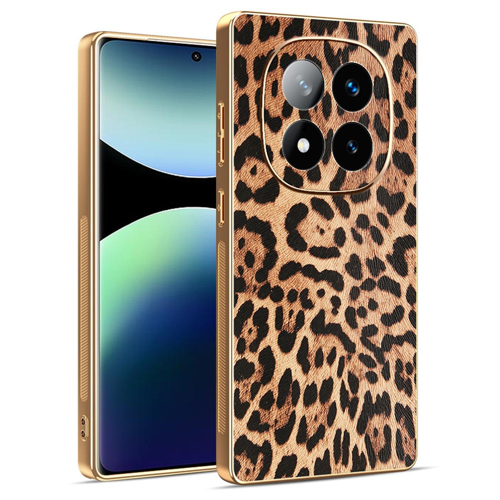 For Xiaomi Redmi Note 14 Pro+ 5G Case Leopard Print PU Leather Coated PC + TPU Electroplating Phone Cover