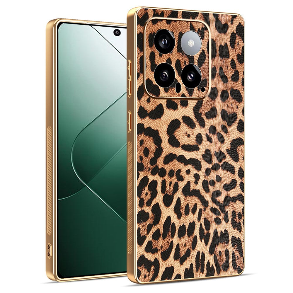 For Xiaomi 14 Case Leopard Print PU Leather Coated PC + TPU Electroplating Phone Cover
