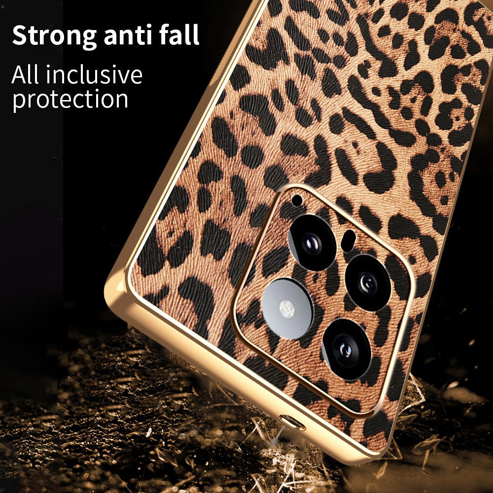 For Xiaomi 14 Case Leopard Print PU Leather Coated PC + TPU Electroplating Phone Cover