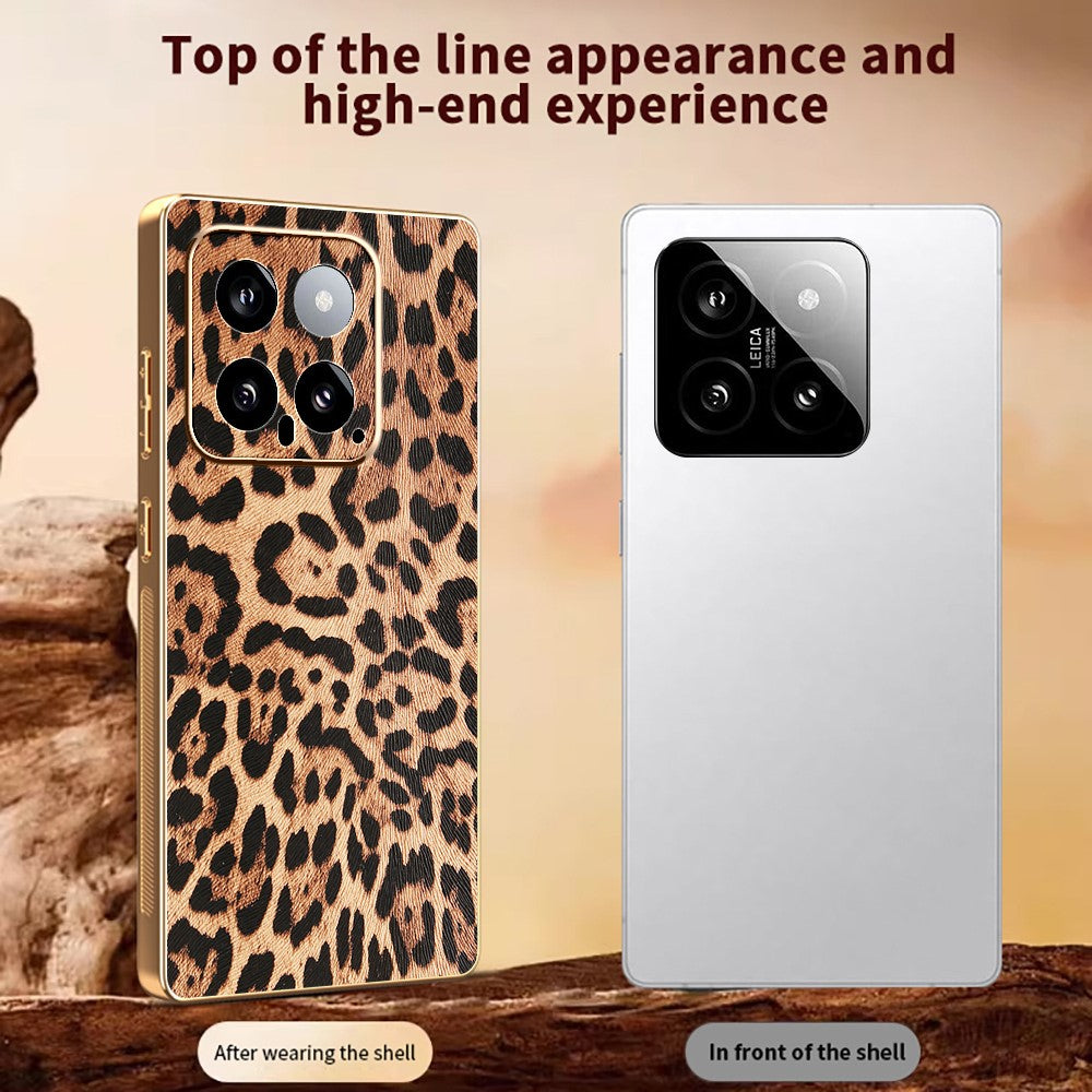 For Xiaomi 14 Case Leopard Print PU Leather Coated PC + TPU Electroplating Phone Cover