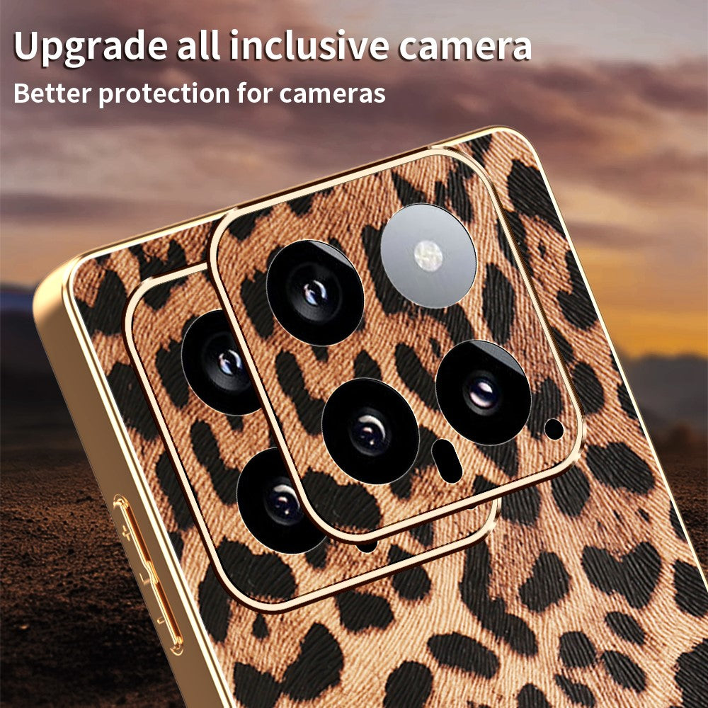 For Xiaomi 14 Case Leopard Print PU Leather Coated PC + TPU Electroplating Phone Cover
