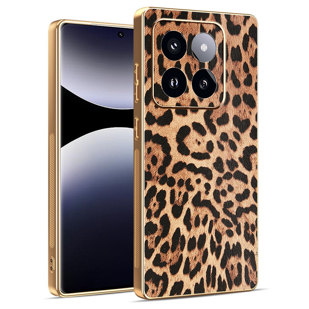 For Xiaomi 14 Pro Case Leopard Print PU Leather Coated PC + TPU Electroplating Phone Cover
