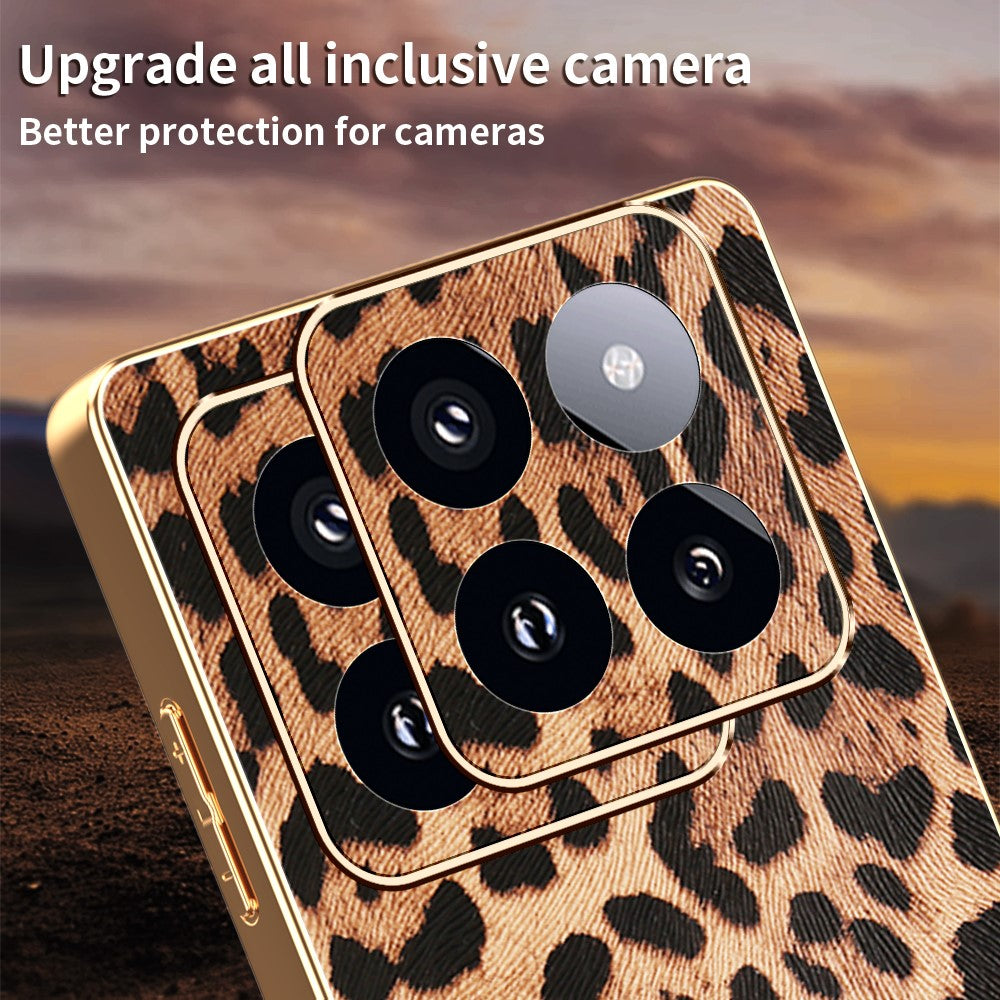 For Xiaomi 14 Pro Case Leopard Print PU Leather Coated PC + TPU Electroplating Phone Cover