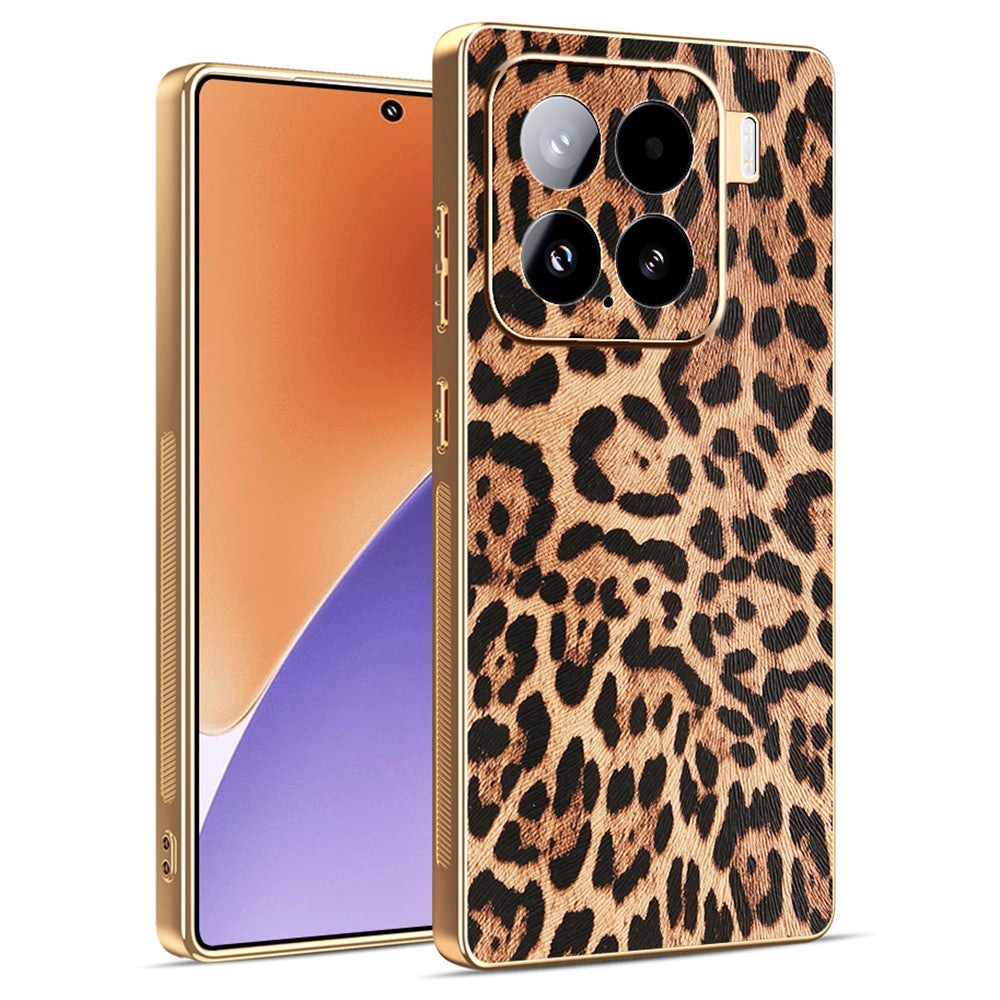 For Xiaomi 15 Case Leopard Print PU Leather Coated PC + TPU Electroplating Phone Cover