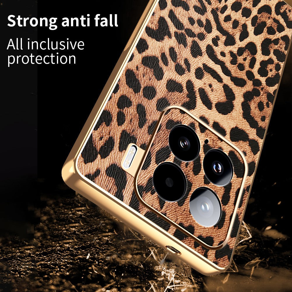 For Xiaomi 15 Case Leopard Print PU Leather Coated PC + TPU Electroplating Phone Cover