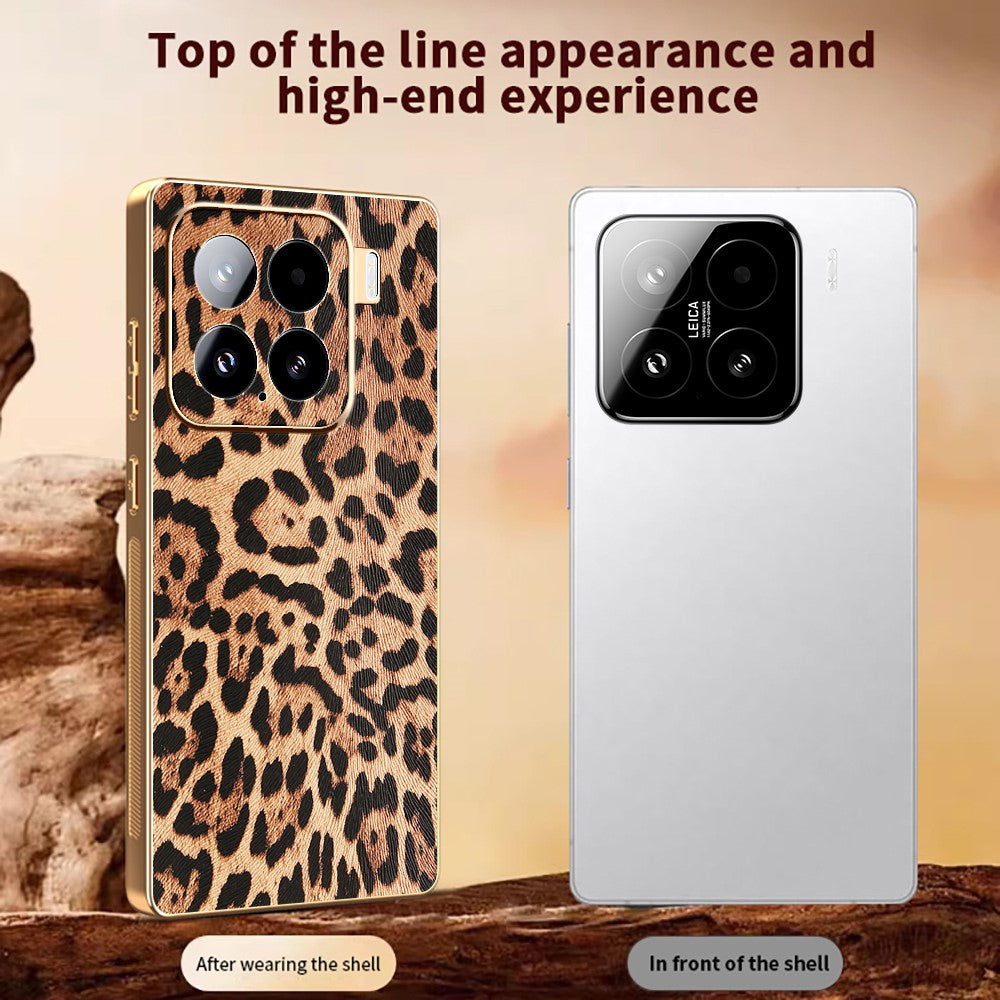 For Xiaomi 15 Case Leopard Print PU Leather Coated PC + TPU Electroplating Phone Cover