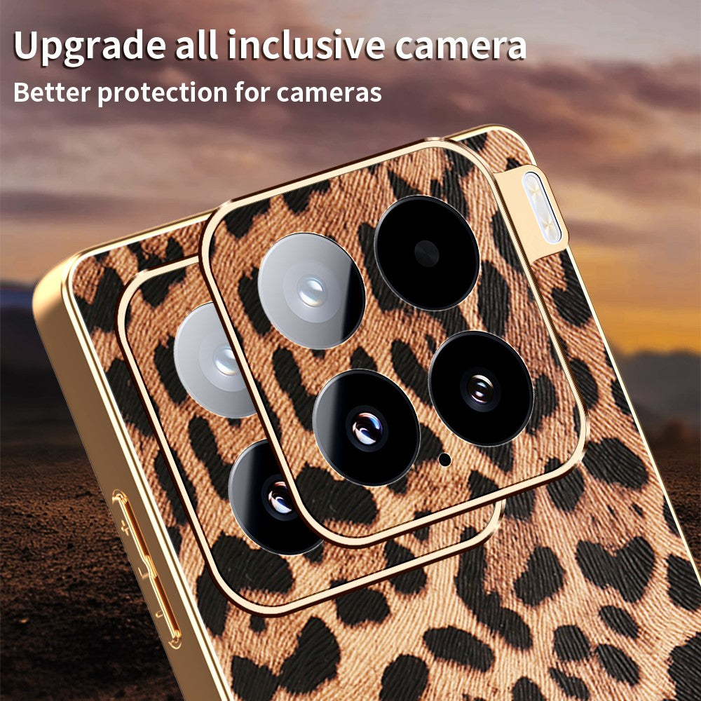For Xiaomi 15 Case Leopard Print PU Leather Coated PC + TPU Electroplating Phone Cover