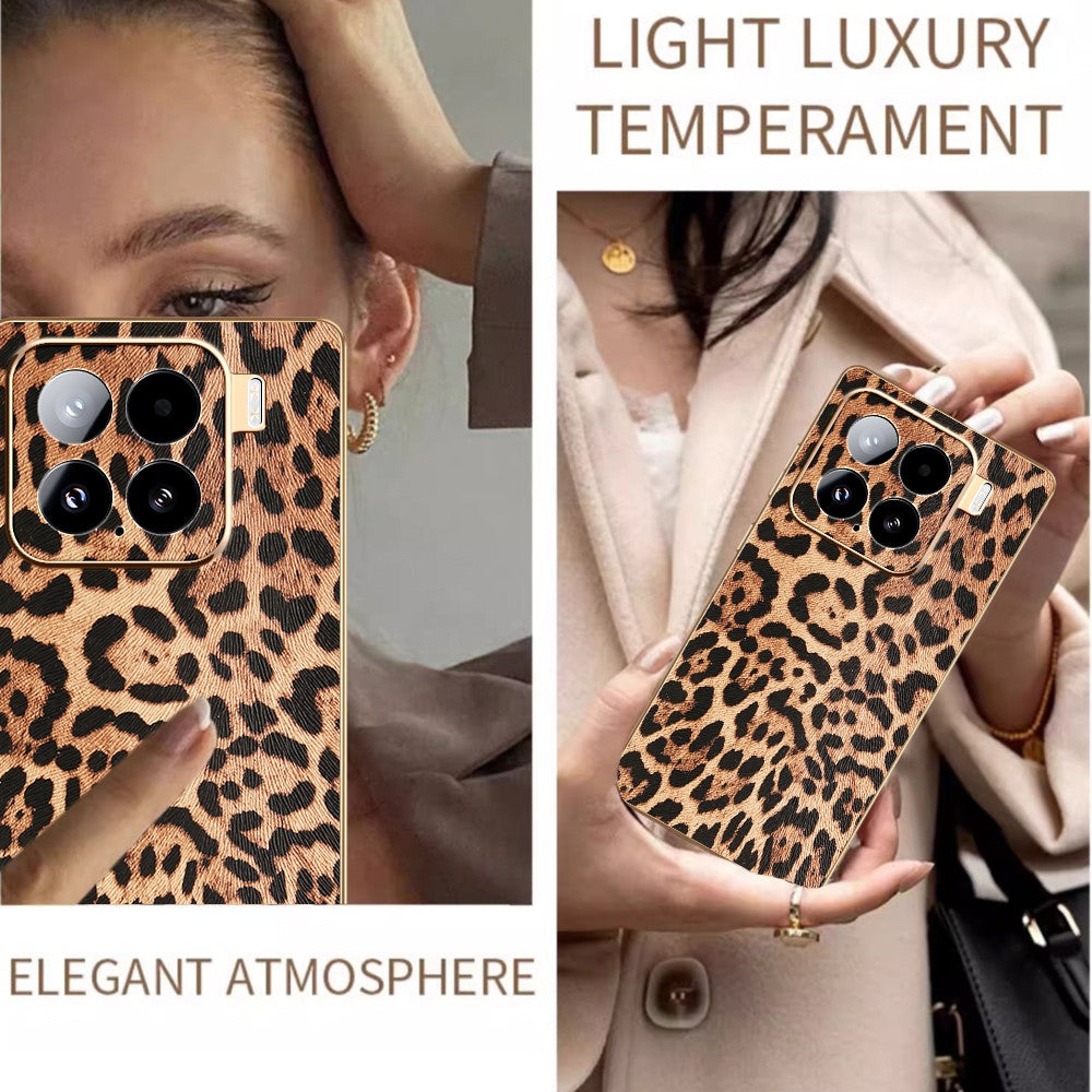 For Xiaomi 15 Case Leopard Print PU Leather Coated PC + TPU Electroplating Phone Cover