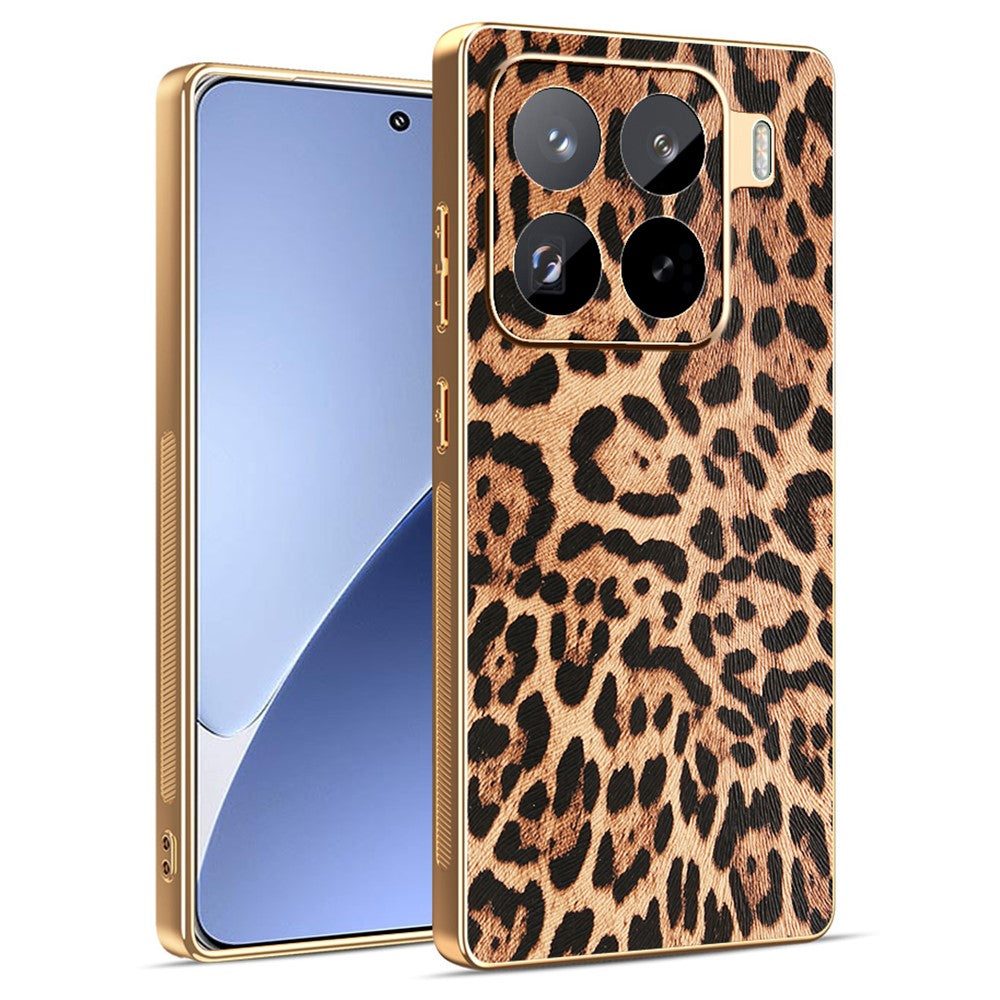 For Xiaomi 15 Pro Case Leopard Print PU Leather Coated PC + TPU Electroplating Phone Cover