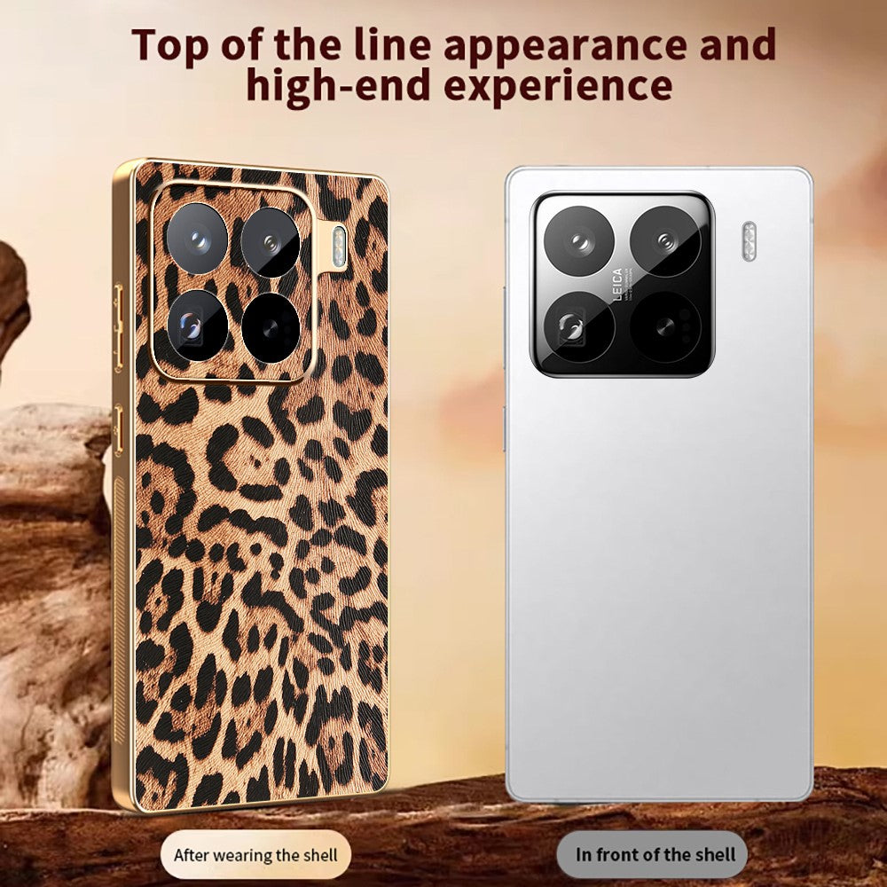 For Xiaomi 15 Pro Case Leopard Print PU Leather Coated PC + TPU Electroplating Phone Cover