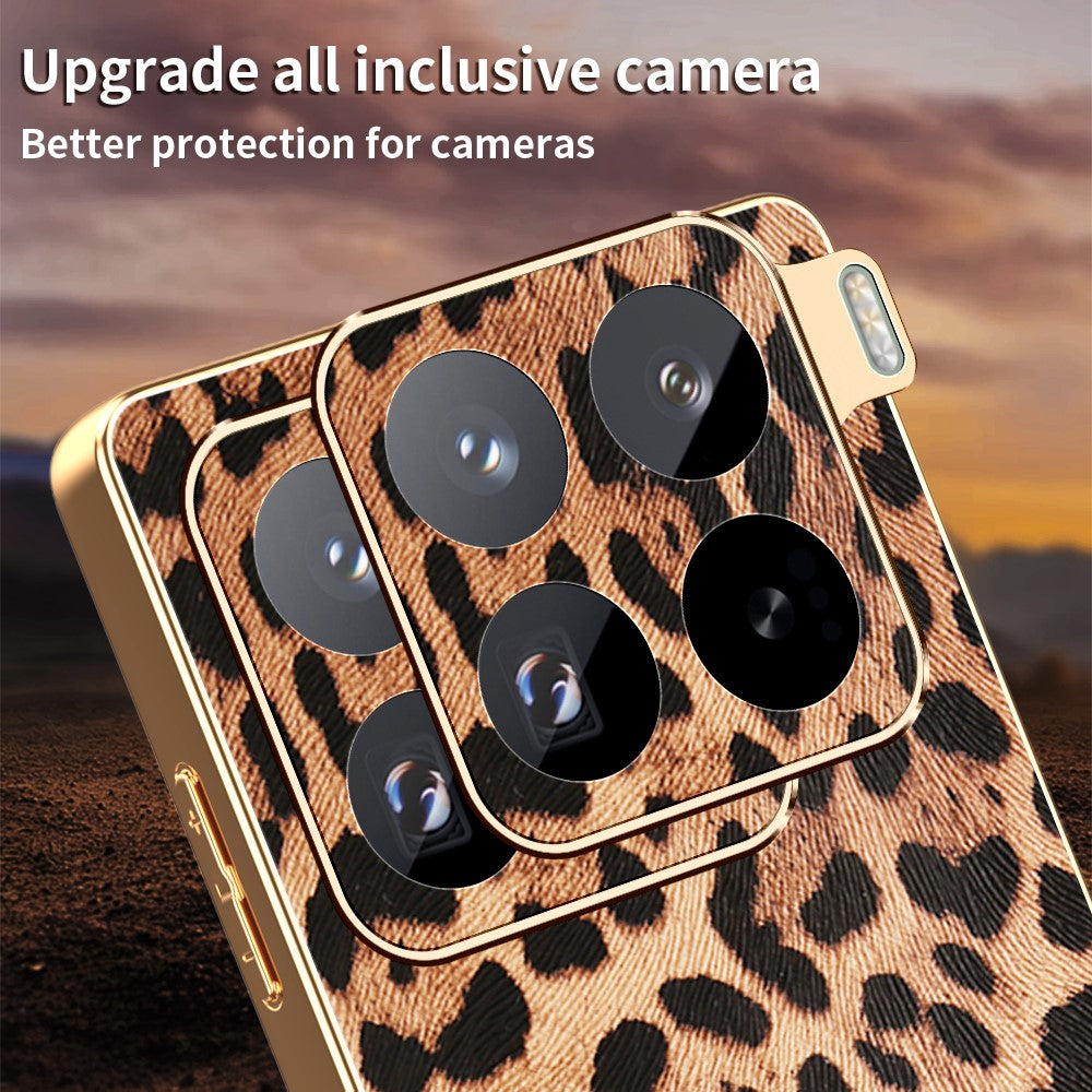 For Xiaomi 15 Pro Case Leopard Print PU Leather Coated PC + TPU Electroplating Phone Cover