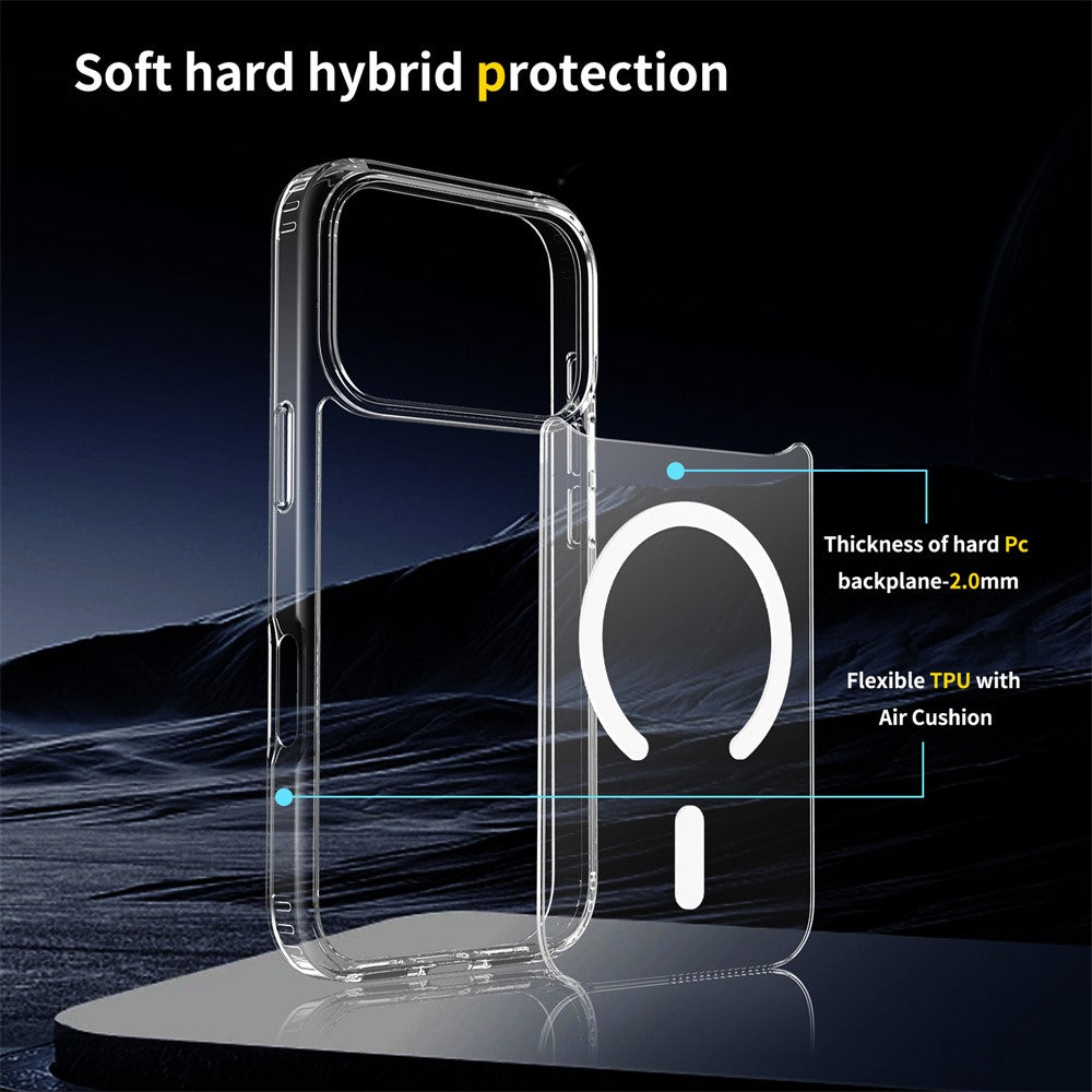 For iPhone 18 Pro / 17 Pro Magnetic Case 2.0mm Scratch Resistant TPU + PC Clear Phone Cover