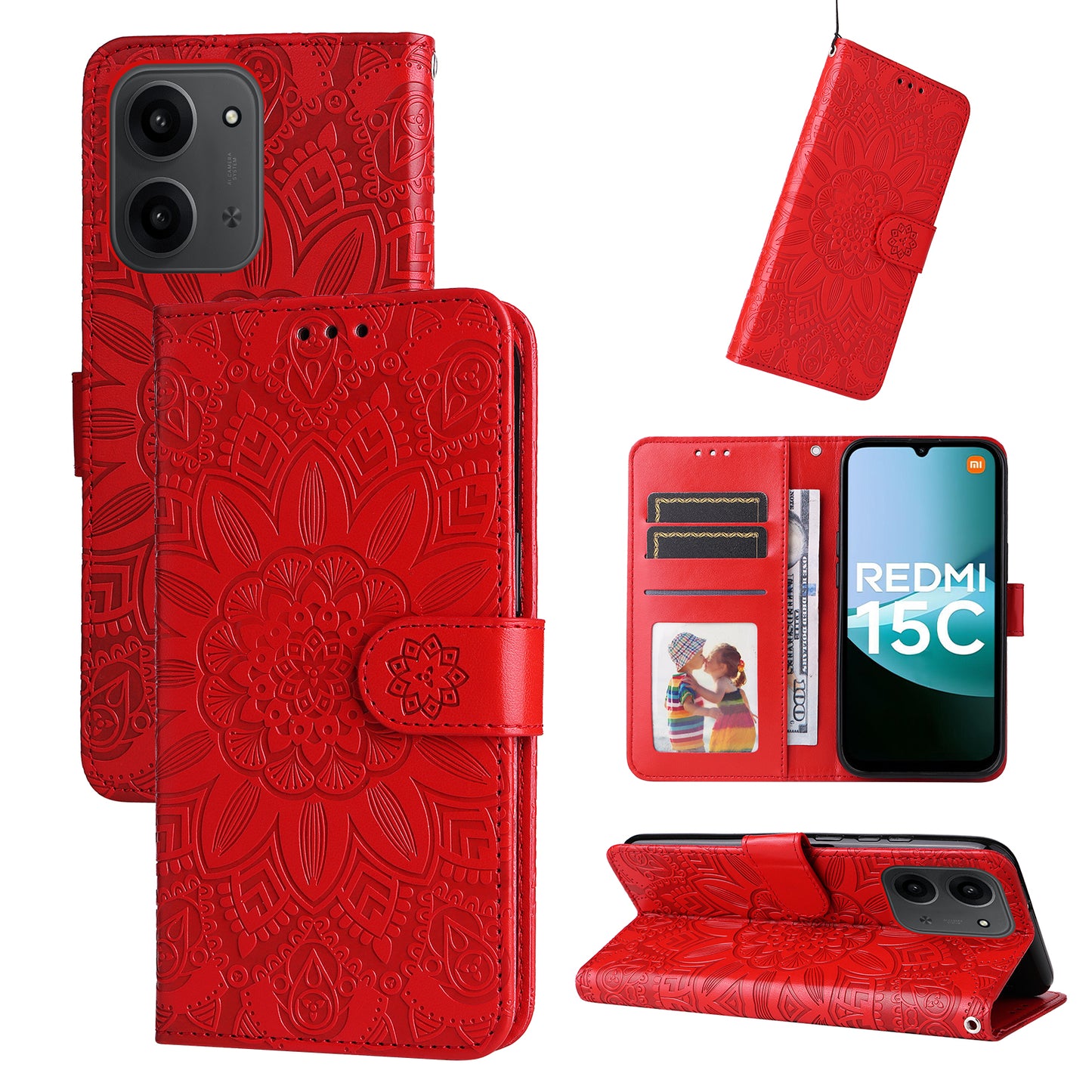 For Xiaomi Redmi 15C 4G (Global) (171mm) / Poco C85 4G (171mm) Case Sunflower Imprint Leather Wallet Phone Cover