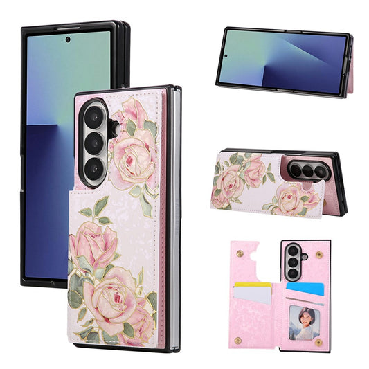 Galaxy Z Fold7 5G – Handyhülle aus Kunststoff und PU-Leder, mit Ständer, mit Kartenfach, mit RFID-Schutz, mit Blumenmotiv