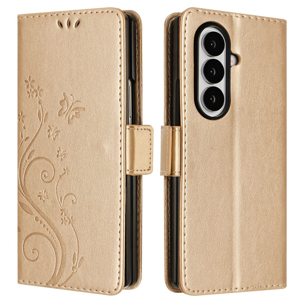 For Samsung Galaxy Z Fold7 5G Leather Wallet Case Butterfly Flower Imprint Phone Cover with Strap