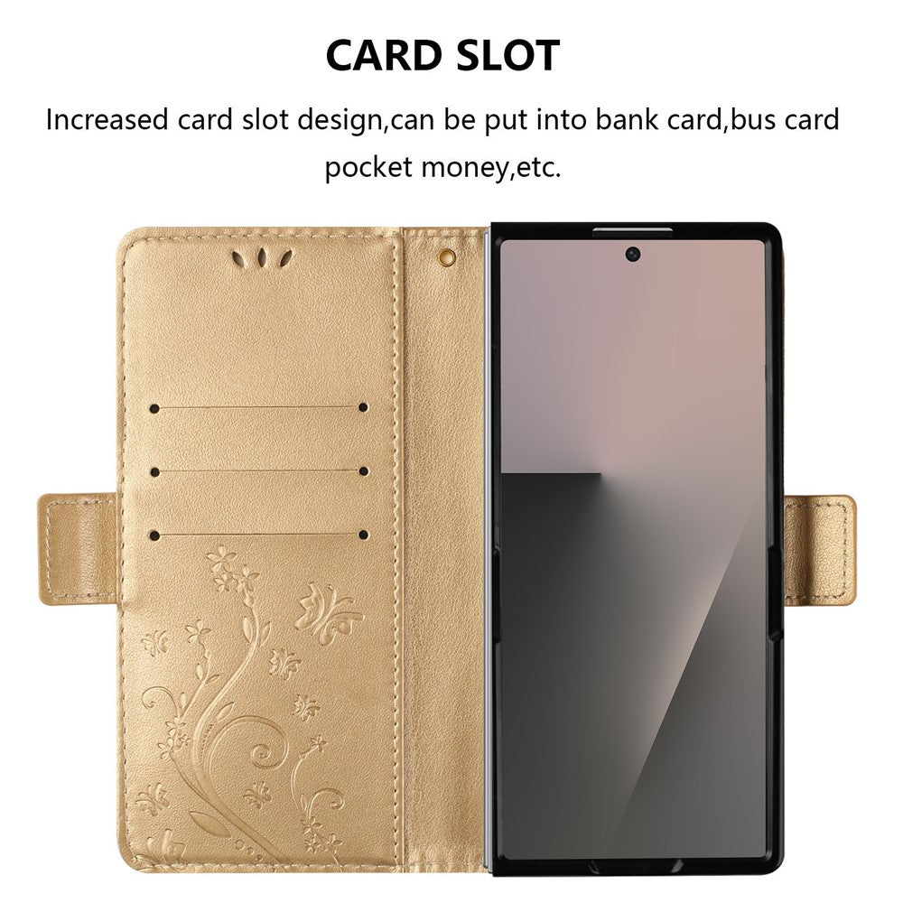 For Samsung Galaxy Z Fold7 5G Leather Wallet Case Butterfly Flower Imprint Phone Cover with Strap