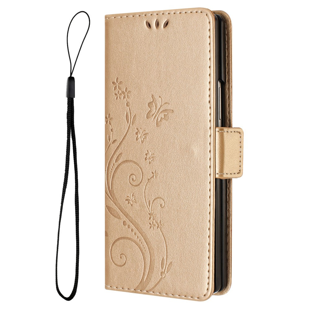 For Samsung Galaxy Z Fold7 5G Leather Wallet Case Butterfly Flower Imprint Phone Cover with Strap