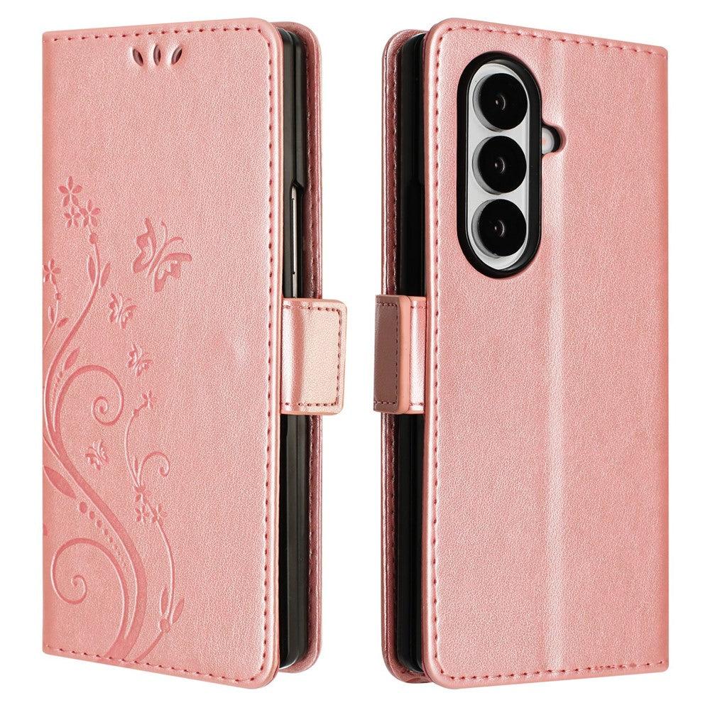 For Samsung Galaxy Z Fold7 5G Leather Wallet Case Butterfly Flower Imprint Phone Cover with Strap