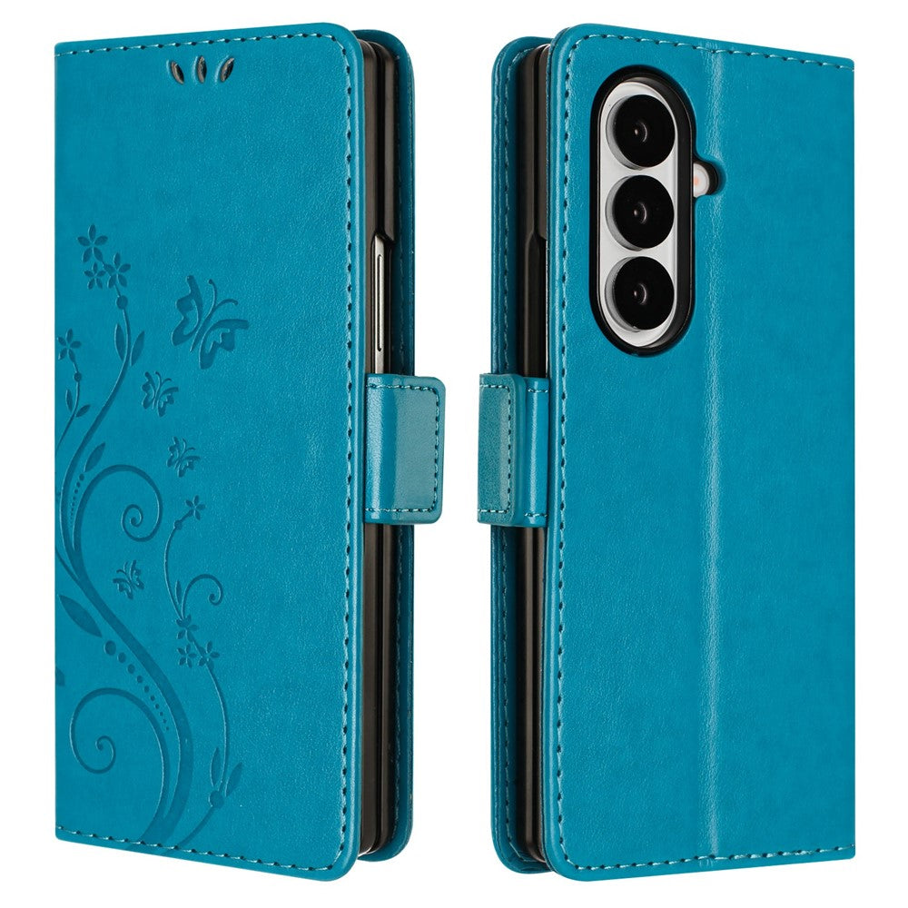 For Samsung Galaxy Z Fold7 5G Leather Wallet Case Butterfly Flower Imprint Phone Cover with Strap