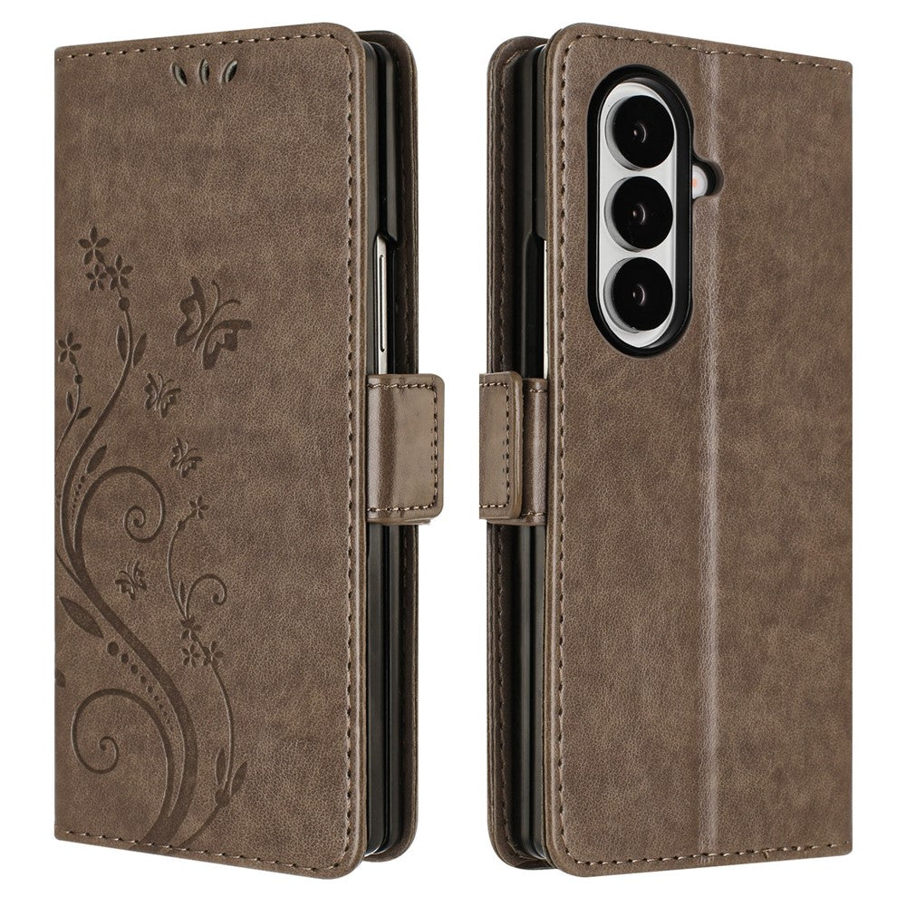 For Samsung Galaxy Z Fold7 5G Leather Wallet Case Butterfly Flower Imprint Phone Cover with Strap