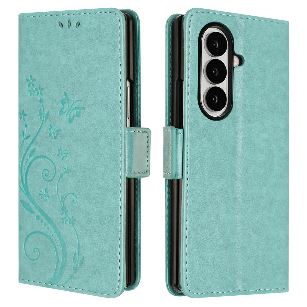 For Samsung Galaxy Z Fold7 5G Leather Wallet Case Butterfly Flower Imprint Phone Cover with Strap
