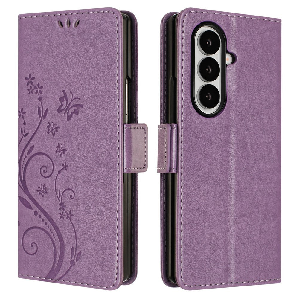 For Samsung Galaxy Z Fold7 5G Leather Wallet Case Butterfly Flower Imprint Phone Cover with Strap