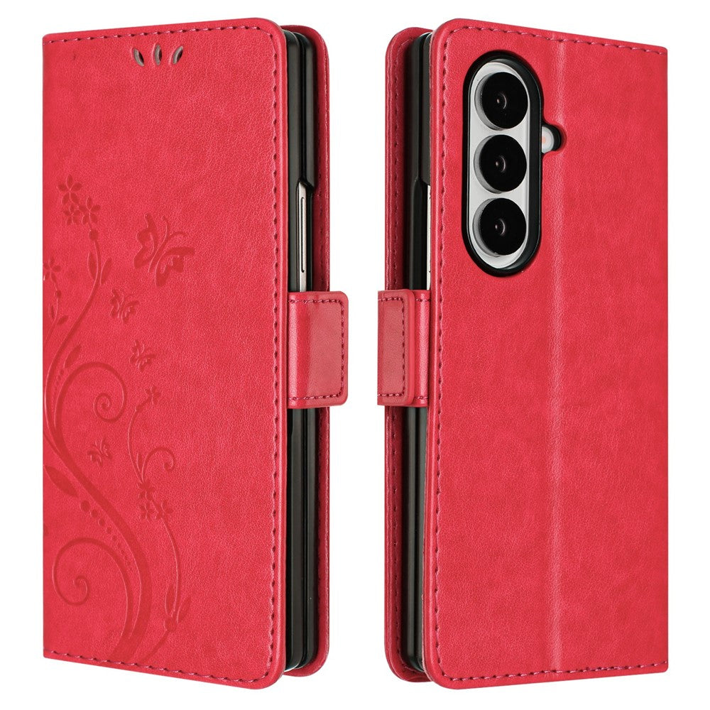 For Samsung Galaxy Z Fold7 5G Leather Wallet Case Butterfly Flower Imprint Phone Cover with Strap