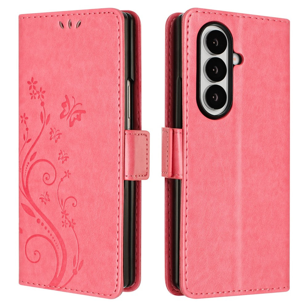 For Samsung Galaxy Z Fold7 5G Leather Wallet Case Butterfly Flower Imprint Phone Cover with Strap