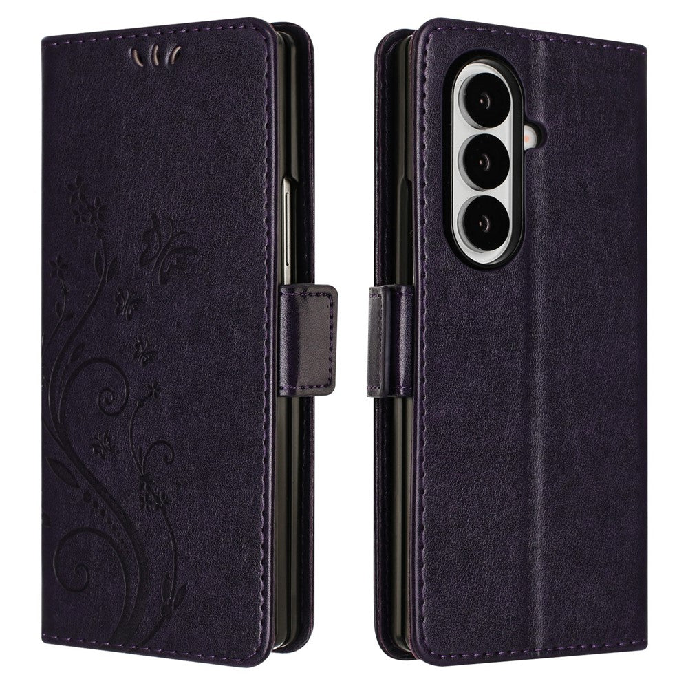 For Samsung Galaxy Z Fold7 5G Leather Wallet Case Butterfly Flower Imprint Phone Cover with Strap