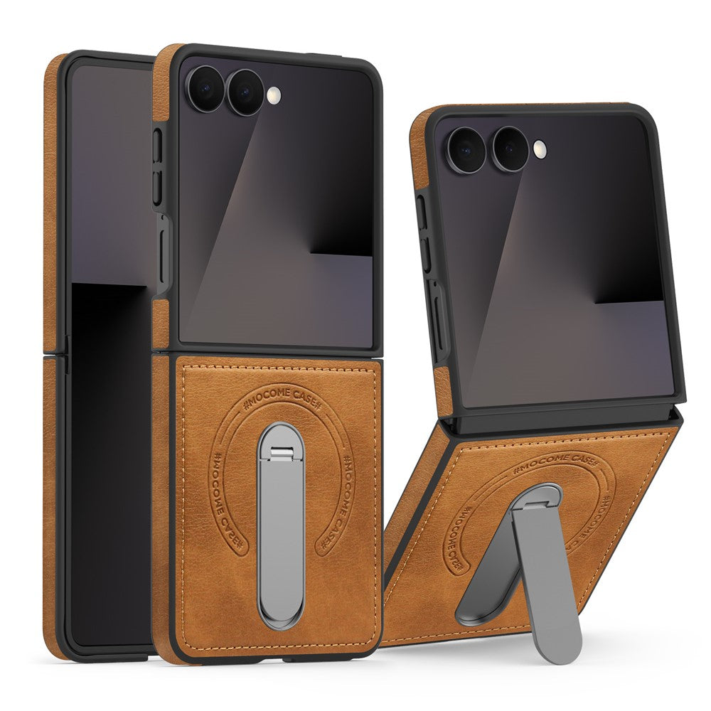 For Samsung Galaxy Z Flip7 5G Magnetic Case Rotating Kickstand Leather Coated PC Phone Cover