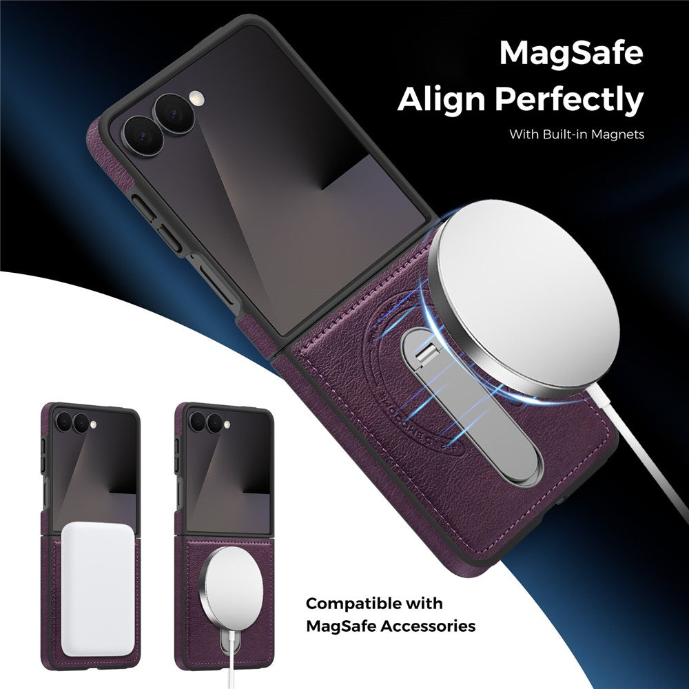 For Samsung Galaxy Z Flip7 5G Magnetic Case Rotating Kickstand Leather Coated PC Phone Cover