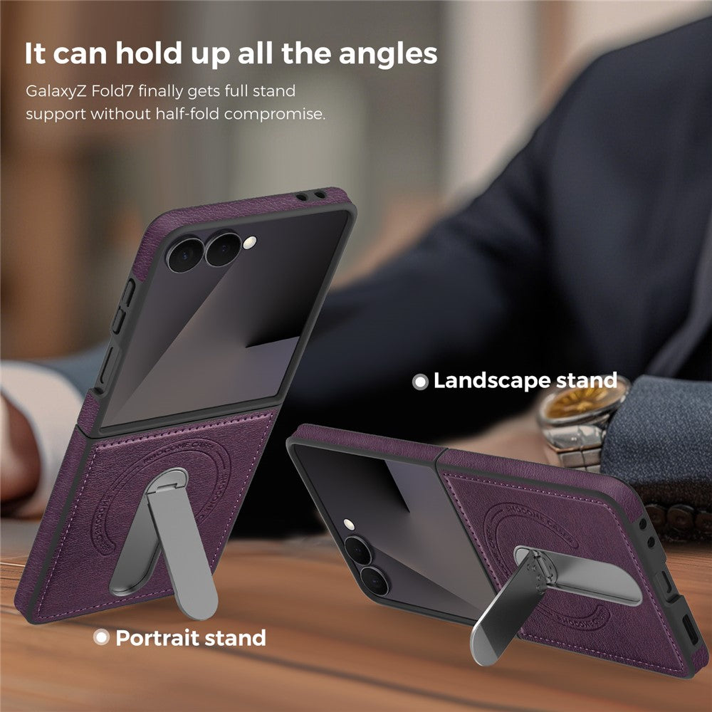 For Samsung Galaxy Z Flip7 5G Magnetic Case Rotating Kickstand Leather Coated PC Phone Cover