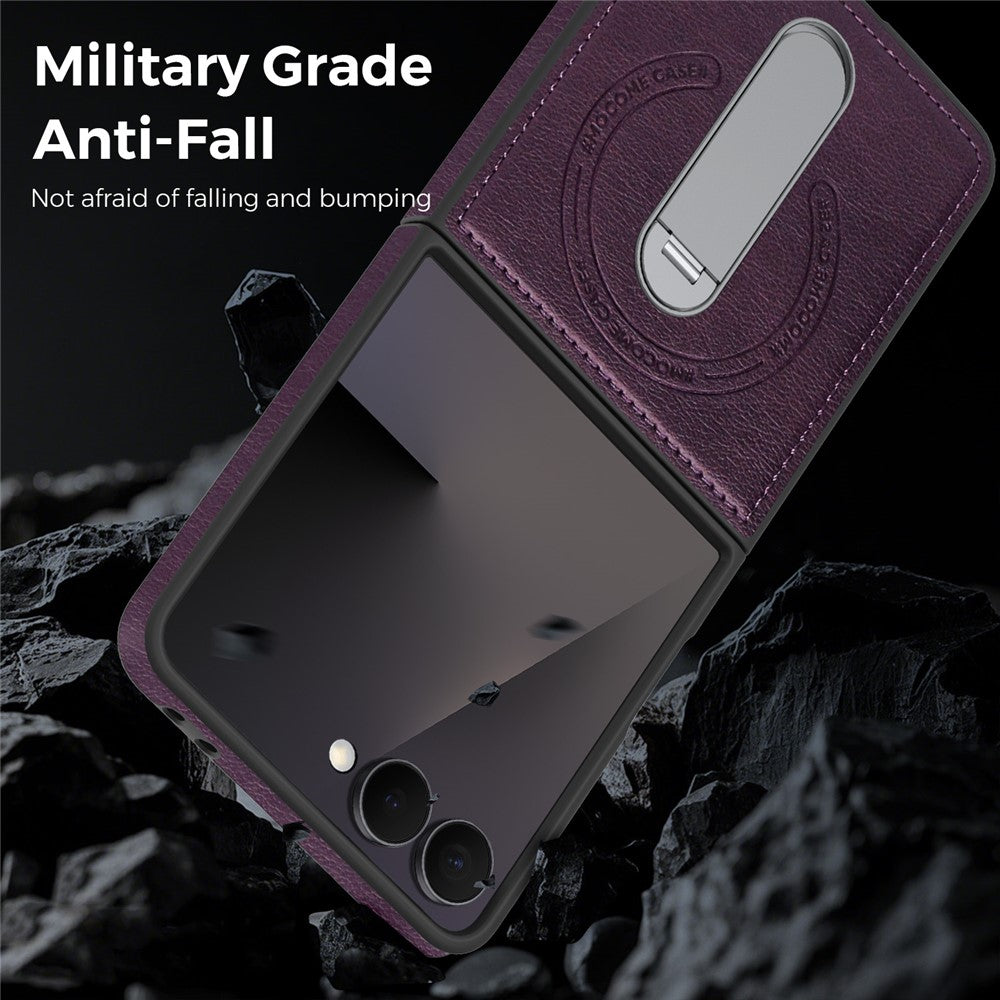 For Samsung Galaxy Z Flip7 5G Magnetic Case Rotating Kickstand Leather Coated PC Phone Cover