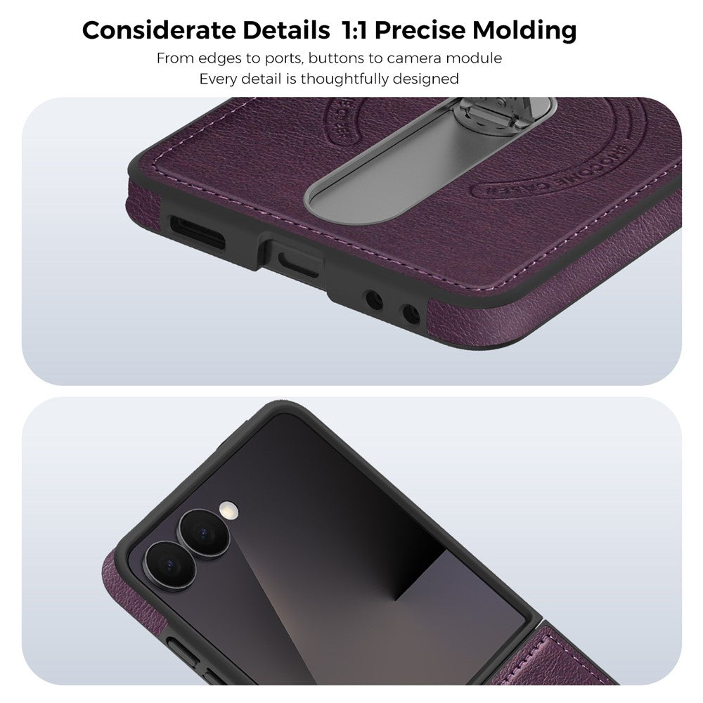For Samsung Galaxy Z Flip7 5G Magnetic Case Rotating Kickstand Leather Coated PC Phone Cover